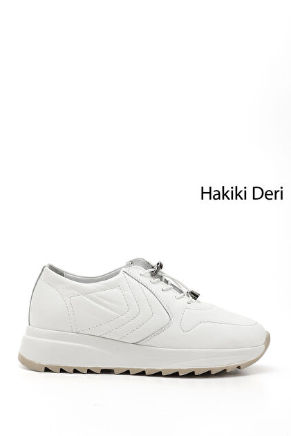 Kadın Beyaz Bağcıklı Dolgu Taban Hakiki Deri Sneaker