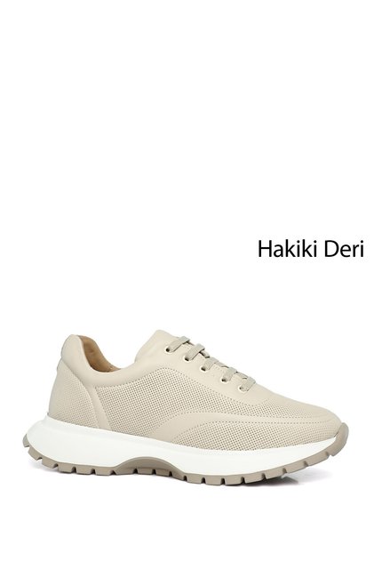 Kadın Bej Lastik Bağcıklı Hakiki Deri Sneaker