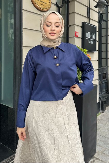 Üç Düğmeli Büzgülü Gömlek - Lacivert