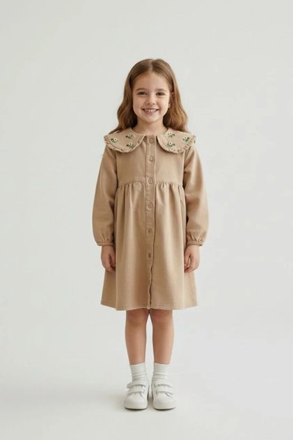 Girl's Dress with Daisy Embroidery and Front Buttons in Gabardine