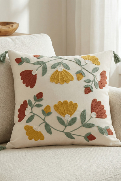 Colorful Floral Punch Embroidered Decorative Tufted Throw Pillow Cover Cotton 42 X 42 cm