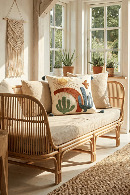 Colorful Cactus Punch Embroidered Decorative Tasseled Throw Pillow Cover Cotton 42X42 cm