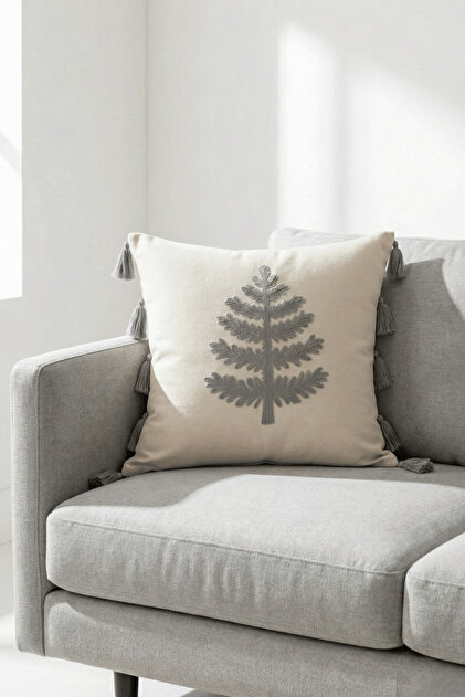 Buldan İşi Tree Patterned Punch Embroidered Tasseled Cotton Throw Pillow Cover 43X43 cm