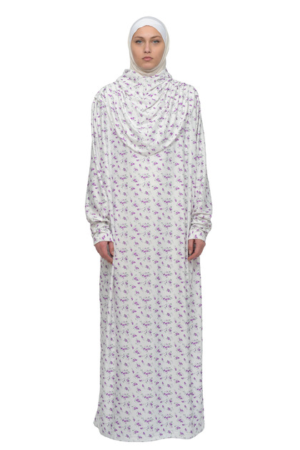 Practical One-Piece Floral Patterned Sleeves and Removable Headscarf Lycra Hijab Prayer Dress 990-0203
