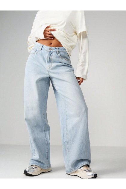 Buz Mavi Palazzo Pantolon Wide Leg Yüksek Bel Denim Jeans