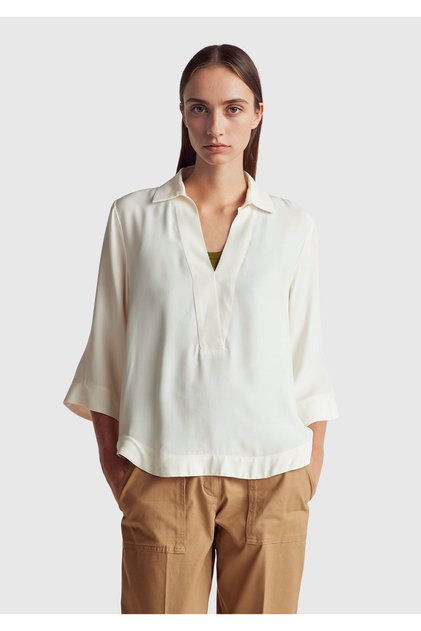 Women's Cream 100% Viscose Half Sleeve Shirt Collar Blouse