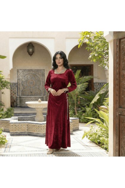 جلابية مخملية فاخرة مزينة برباط جانبي مرصع بالكريستال