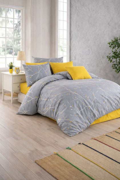 Double Branch Patterned Duvet Cover Set |   Grey-Yellow Modern Design |   200X220 cm
