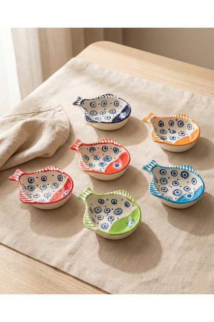 Zera El Boyaması Renkli Balık Formlu Seramik Sosluk & Çerezlik Kase ( 6'lı set )