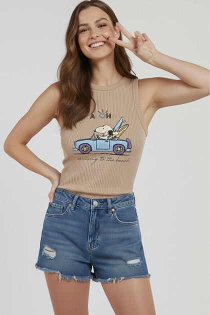 Women's Beige Snoopy Aloha Printed Ribbed Slim Fit Corded Fabric Halter Neck Tank Top