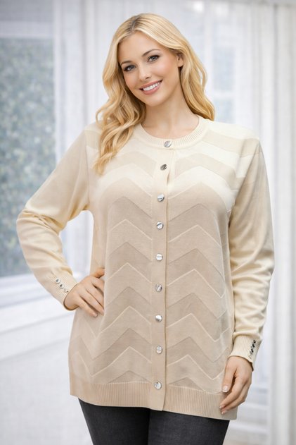 Women's Elegant Model Zigzag Patterned Buttoned Mercerized Mother Cardigan