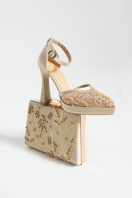 Pearly Beige Shoe and Bag Combination with Platform 11cm Heels and Pearl Straps Evening Dress Shoe and Bag Set