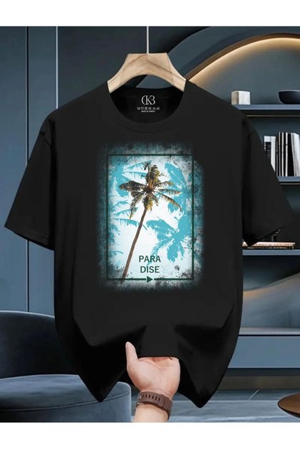Qubo Unisex Oversize Printed Cotton Crew Neck Short Sleeve Black T-Shirt