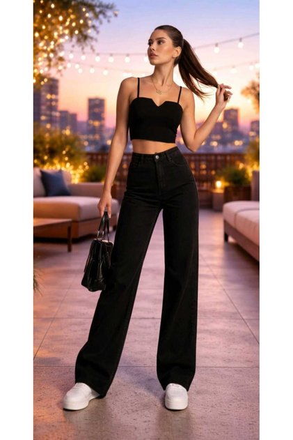 Viktorya Black Stretch Fabric Super High Waist Flared Leg Denim Palazzo Pants