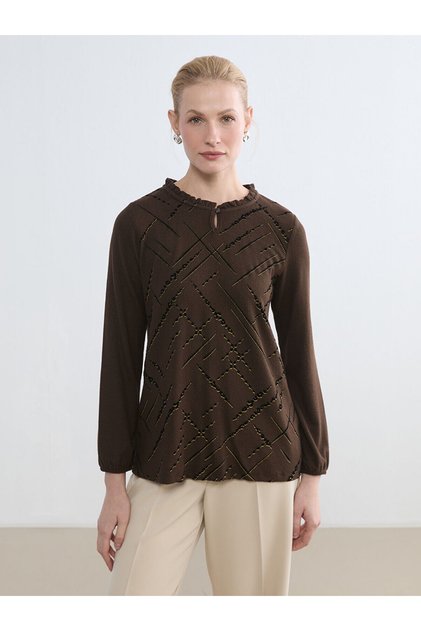 Brown Crew Neck Patterned Blouse