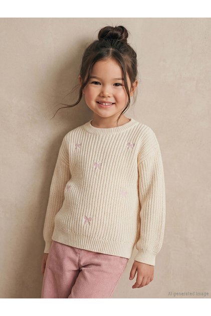 Ecru Crew Neck Bowknot Girls' Knit Sweater