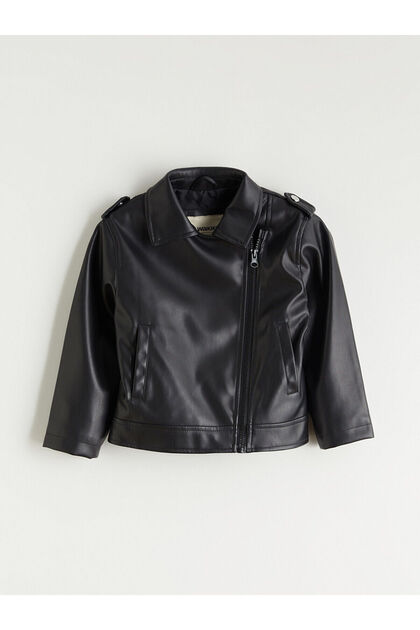 Black Leather Look Girl's Coat
