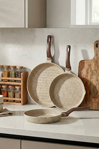 3738 Biogranit Döküm Grill 3-Piece Pan Set with Ergonomic Handle Sand Beige 20-24-28cm