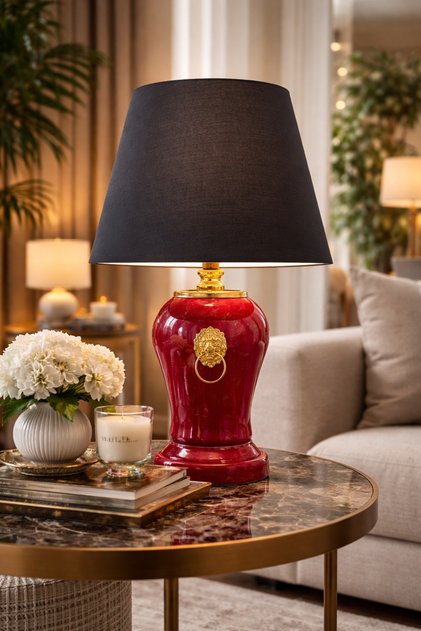 Abajur Aydınlatma Aslanlı Şah Kırmızı Mermer Siyah Şapka Gold - Feray Home
