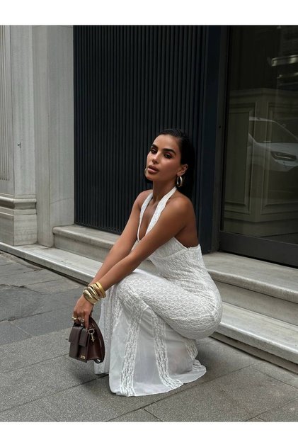 Women's White Backless Neck Detailed Lace Maxi Dress Yel221744