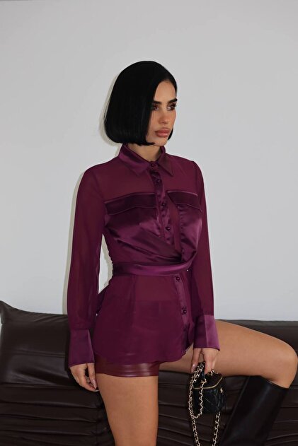 Women's Burgundy Chest Detailed Belted Tulle Shirt Yel221803