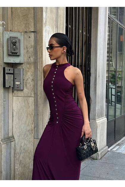 Women's Burgundy Gathered Halter Neck Maxi Dress Yel221754