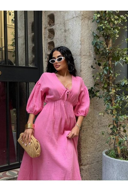 Women's Pink Watermelon Sleeve V-Neck Muslin Midi Dress Yel221698