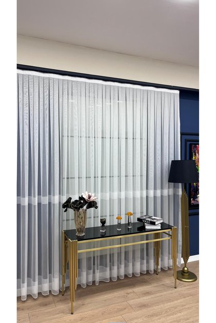 2672 Banded Modern Living Room Curtain 1/2.5 Regular Pleated Tulle Curtain (White)