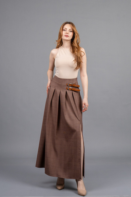 Kadın Kışlık Bordo Royal Plaid Slit Skirt Ekose Premium Maxi Etek Şık Günlük Rahat 6831