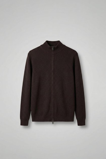 Erkek Slim Fit Fermuarlı Dik Yaka Fitilli Triko Hırka Kahverengi