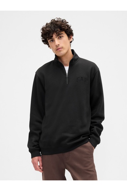 Erkek Siyah Relaxed Logo Çeyrek Fermuarlı Sweatshirt