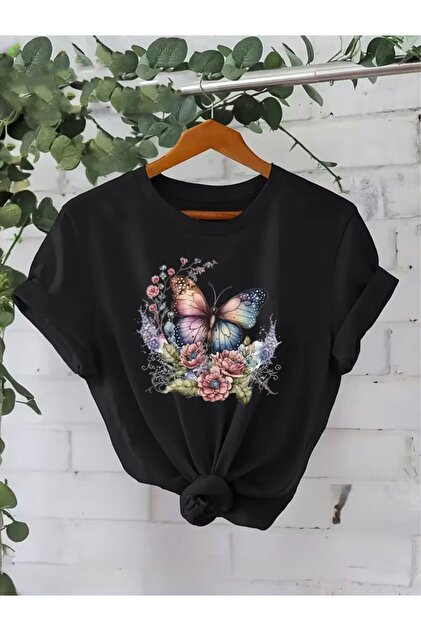 Kelebek Ay Baskı Detaylı Basic T-Shirt