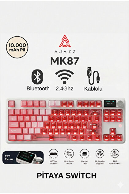 Ajazz MK87 Pitaya Switch 10.000 Mah Batarya RGB Mekanik Oyun