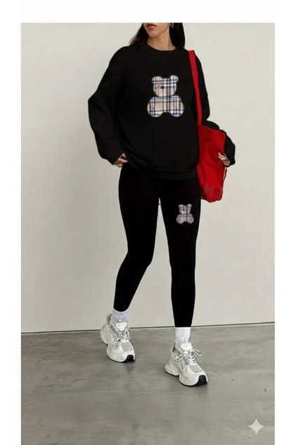Women's Printed Black Leggings - Sweatshirt Set 2-Piece Combination Oversize Loose Boyfriend