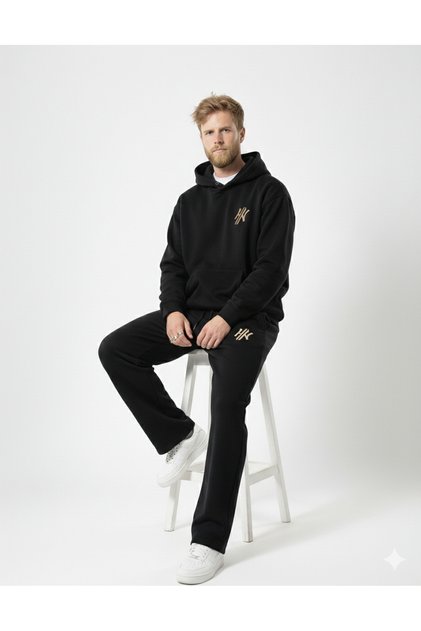 Black Baggy Oversized Men's Tracksuit Set Wide Leg 3 Thread Combed Cotton Minimal Logo Bottom Top