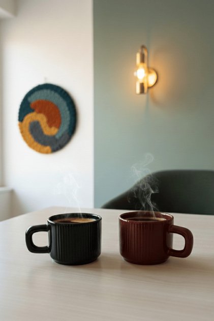 2 Adet El Yapımı 260 ml Bordo Siyah Parlak Seramik Mug Çay Kahve Kupası MIT1305