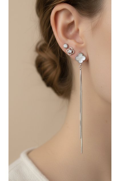 3-Piece Silver Color Luxury Steel Earring Set - Iconic Pearlescent Clover and Zircon Stone Special Series