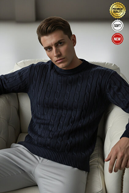 Men's Navy Blue Hair Knit Zero Crew Neck Regular Knitwear Wool Blend Thick Acrylic Sweater