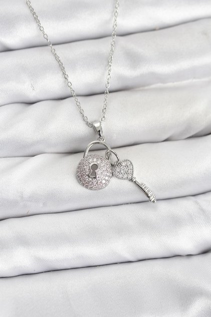 316L Steel Chain Silver Color Lock Key Model Zircon Stone Women's Necklace