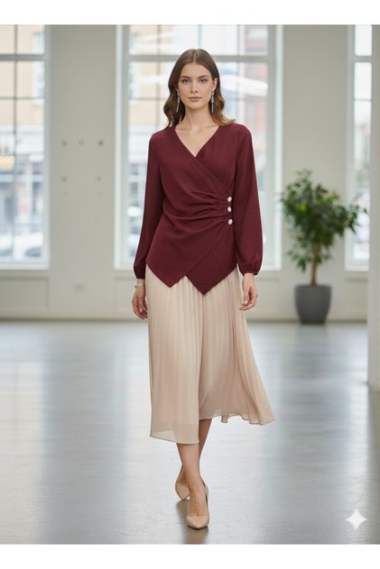 Women's V-Neck Pleated Side Buttoned Asymmetrical Cut Elegant Office Style Blouse