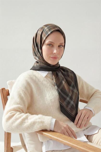 Viscose Velora Scarf Bitter Brown Plaid Patterned Tok Duruşlu Non-Slip 90X90