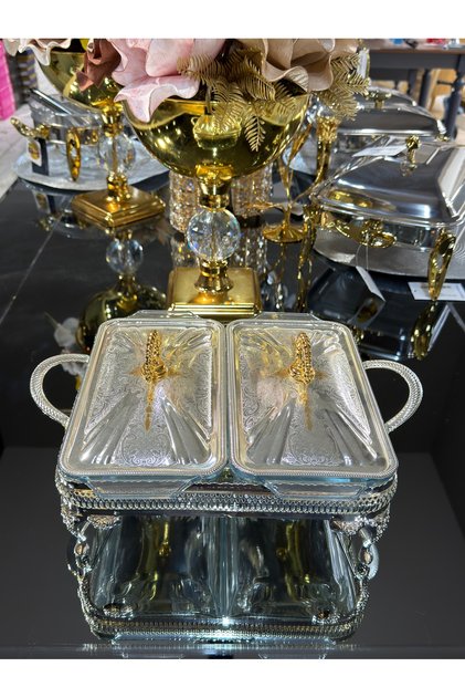 Metal 2 Bölmeli Isıtıcılı Ayaklı Servis Sunum Tenceresi Gümüş Gold