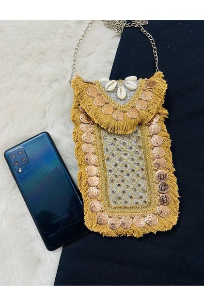 Hint El Yapımı Taş Ve Pul İşlemeli Banjara/Boho/Vintage Askılı 21x13 cm Bohem Çanta