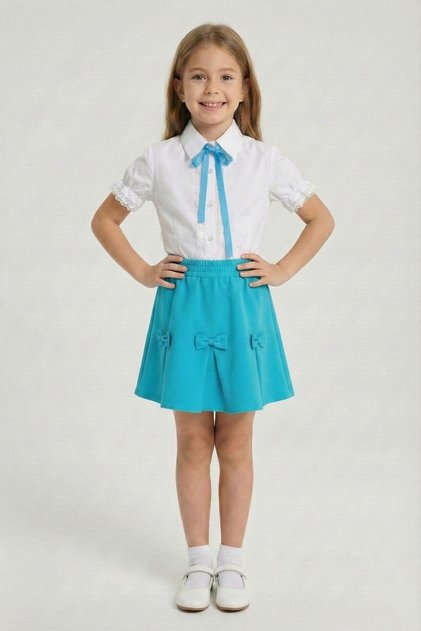 Girl's Turquoise Bowknot Lace Embroidered Shirt and Turquoise Ribbon Skirt Set 23 April