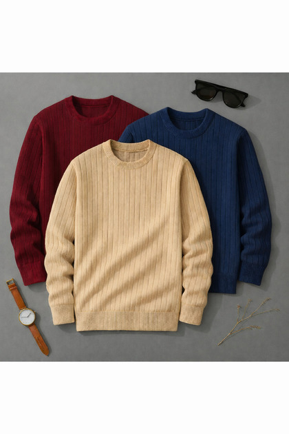 3-Piece Men's Knitwear Sweater Set – Ribbed Texture, Premium Knitted Quality, Economical Price Advantage