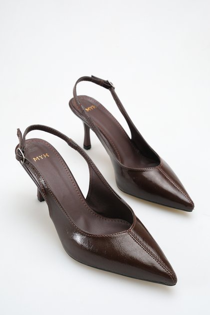 Women's Pointed Toe Stitched Detailed Heeled Shoes Bitter Brown Yanki