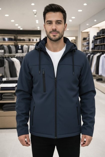 Lacivert, Erkek, rüzgar ve yağmura dayanıklı, çıkarılabilir kapüşonlu,içi polarlı softshell mont