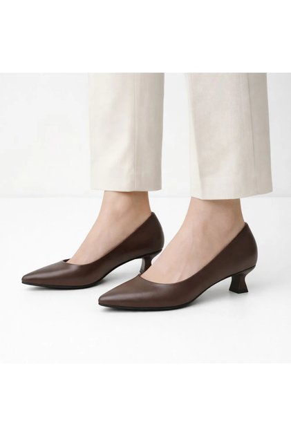Diva Kadın Büyük Numara (41-42-43) Acı Kahve Deri 3 cm Şampanya Mini Topuklu Stiletto