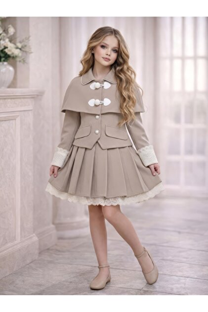 Girls' Cape Jacket and Skirt Set – Stylish Special Occasion Eid Outfit