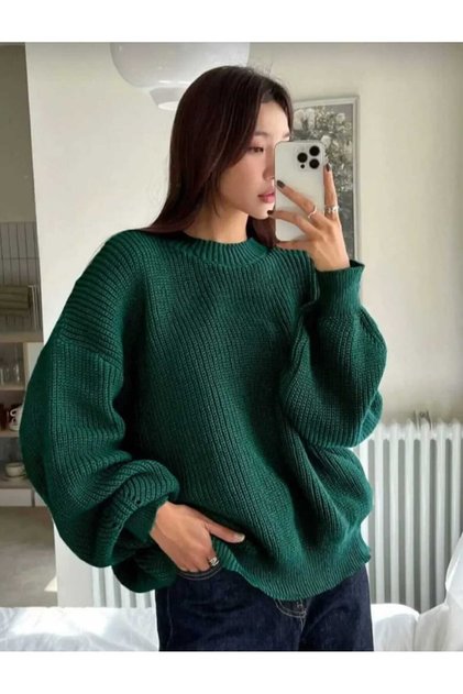 Green Crew Neck Oversized Women's Knit Sweater